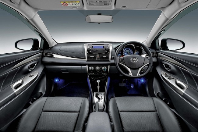 Vios 1.5G with black interior and blue front foot illumination